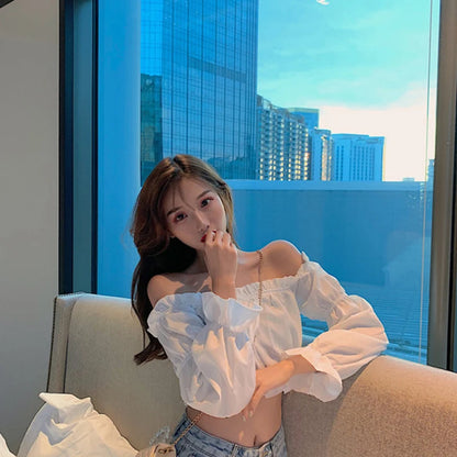 PuffMuse Chiffon Blouse – Off-Shoulder Crop Style with Puff Sleeves and Ruffle Trim - Willen