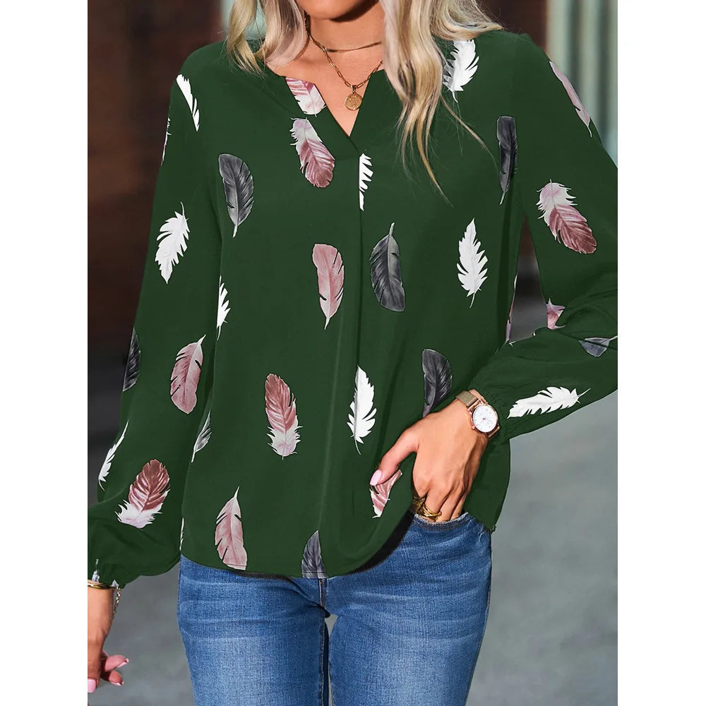 SkyFeather Elegant Top – Lightweight Chiffon Blouse with Feather-Inspired Print - Willen