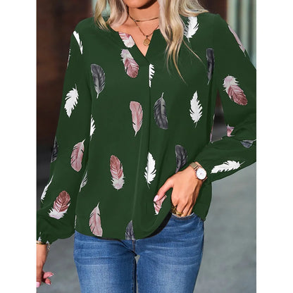 SkyFeather Elegant Top – Lightweight Chiffon Blouse with Feather-Inspired Print - Willen