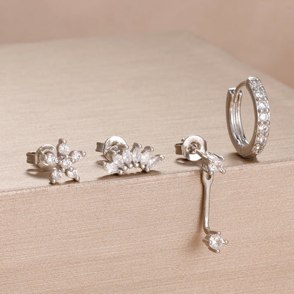 4-Piece Stainless Steel Earring Set – Gold Huggie Hoops & Cubic Zirconia Flower Studs - Willen
