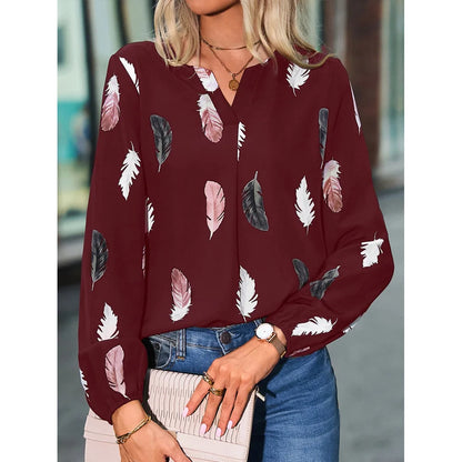 SkyFeather Elegant Top – Lightweight Chiffon Blouse with Feather-Inspired Print - Willen