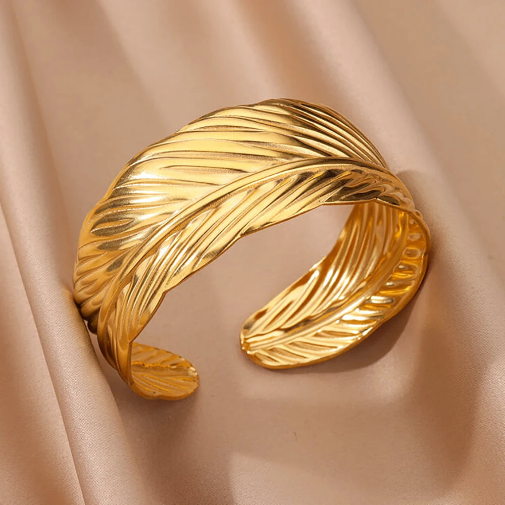 Gold Floral Etched Cuff Bracelet – Wide Stainless Steel Bangle for Women - Willen
