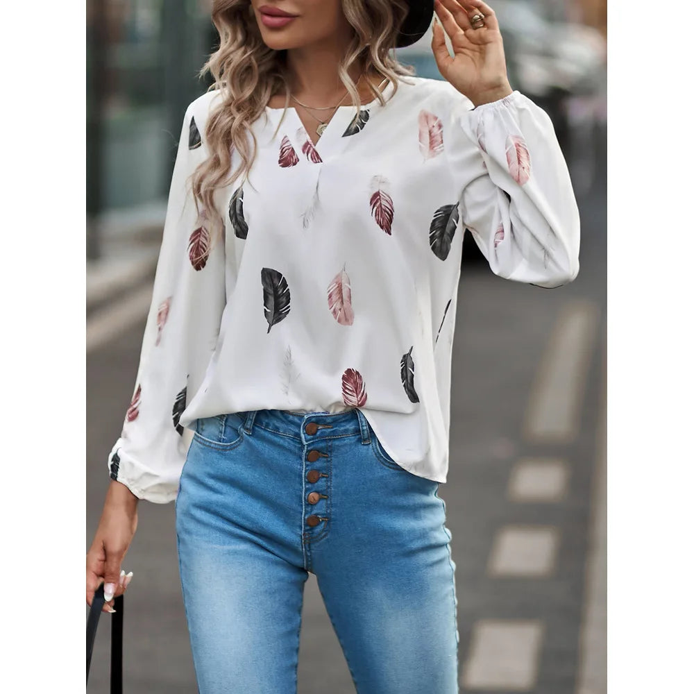 SkyFeather Elegant Top – Lightweight Chiffon Blouse with Feather-Inspired Print - Willen