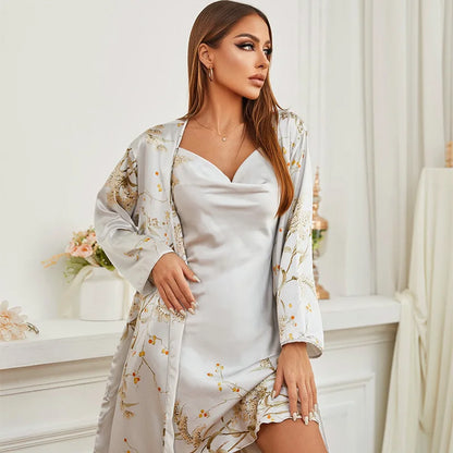 Satin Sleepwear Set – Two-Piece Robe and Nightgown with Cherry Print - Willen