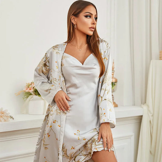 Satin Sleepwear Set – Two-Piece Robe and Nightgown with Cherry Print - Willen