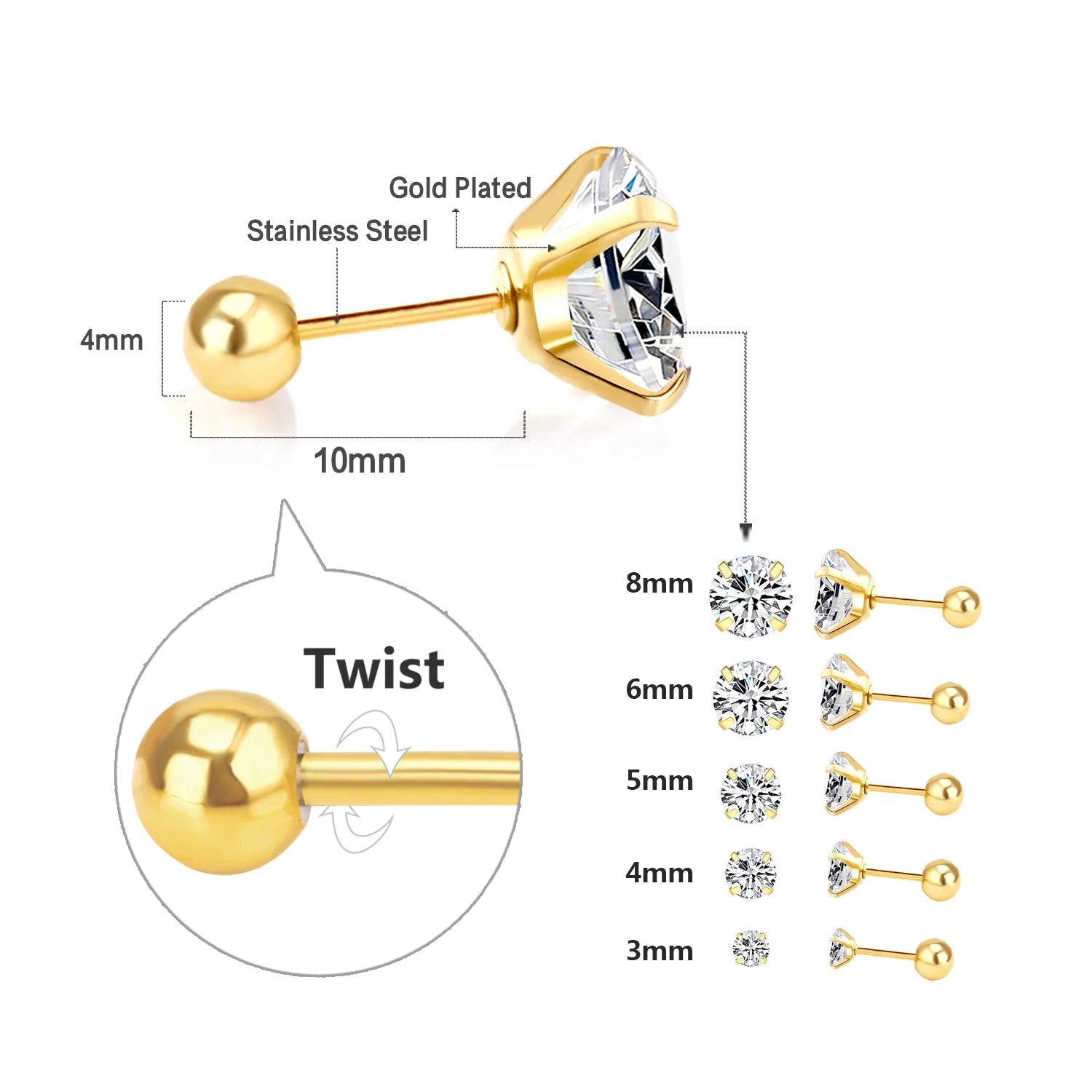 Stainless Steel Stud Earrings – Round Cubic Zirconia with Screw-Back, Unisex Design - Willen