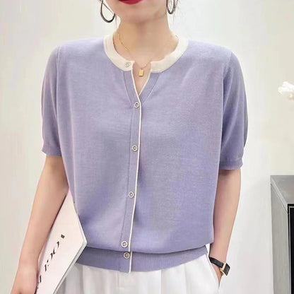 Women’s V-Neck Summer T-Shirt – Ice Silk Blend, Button Detail - Willen