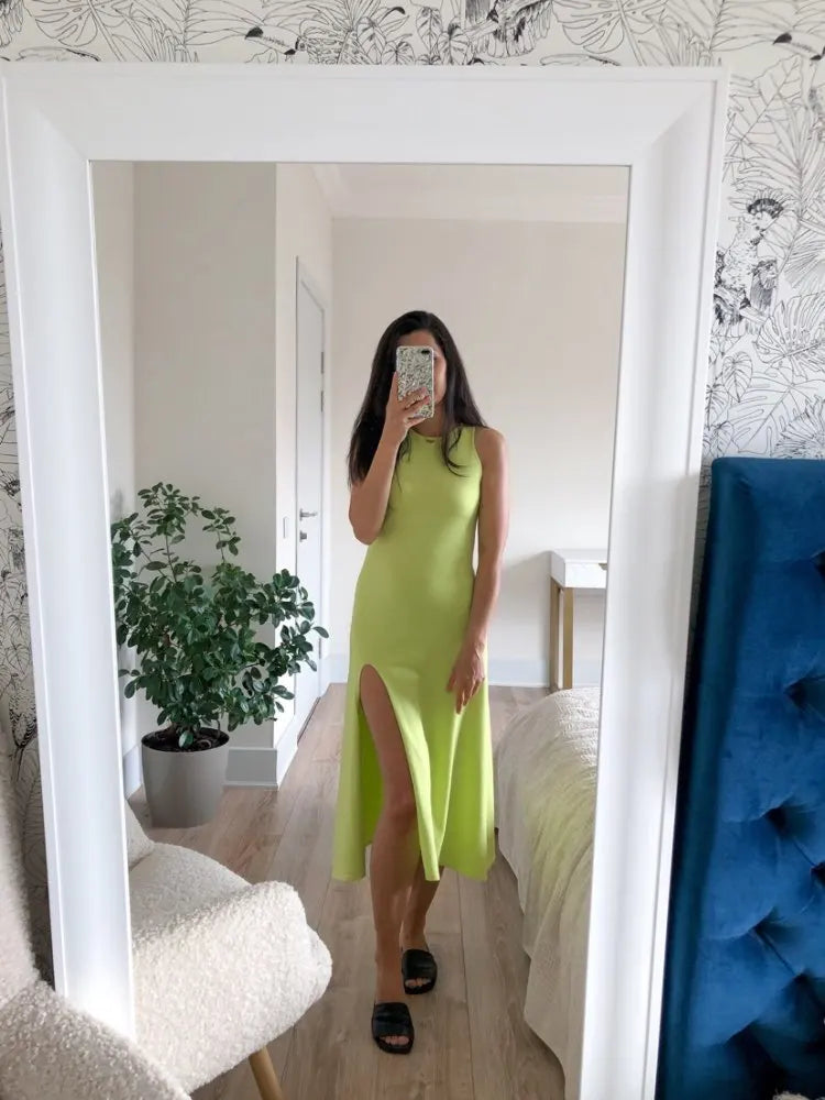 Sleeveless Knit Midi Dress – Empire Waist, Side Slit - Willen
