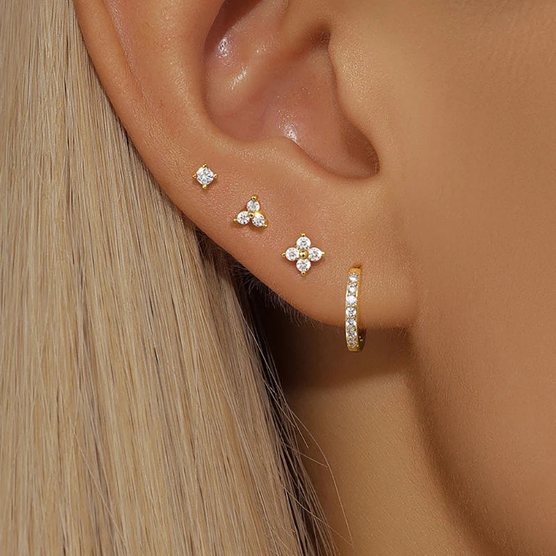 Gold-Plated Stainless Steel Stud Earrings – 4-Piece Set with Cubic Zirconia Accents - Willen