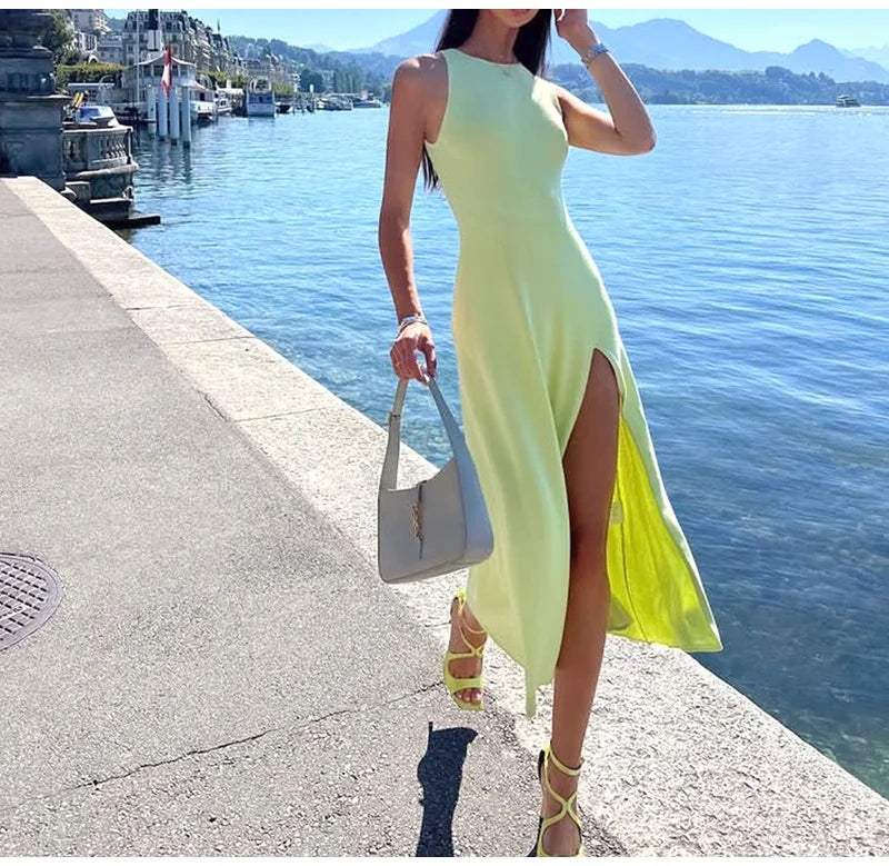 Sleeveless Knit Midi Dress – Empire Waist, Side Slit - Willen