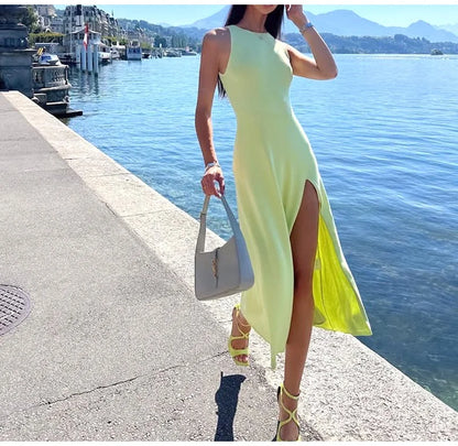 Sleeveless Knit Midi Dress – Empire Waist, Side Slit - Willen