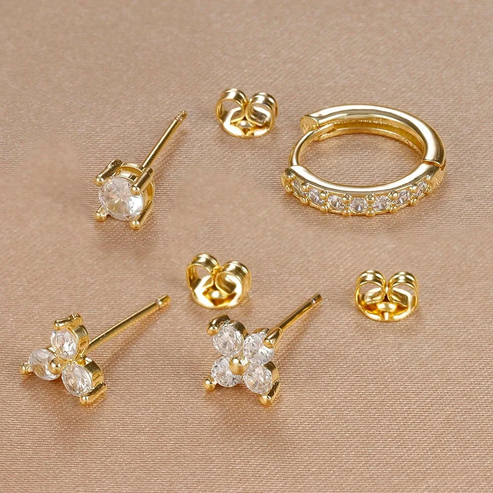 Gold-Plated Stainless Steel Stud Earrings – 4-Piece Set with Cubic Zirconia Accents - Willen