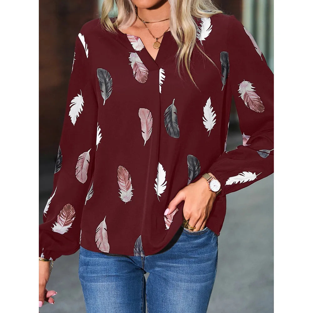 SkyFeather Elegant Top – Lightweight Chiffon Blouse with Feather-Inspired Print - Willen