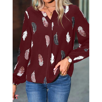 SkyFeather Elegant Top – Lightweight Chiffon Blouse with Feather-Inspired Print - Willen