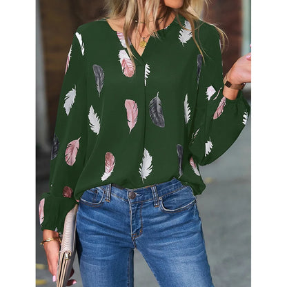 SkyFeather Elegant Top – Lightweight Chiffon Blouse with Feather-Inspired Print - Willen