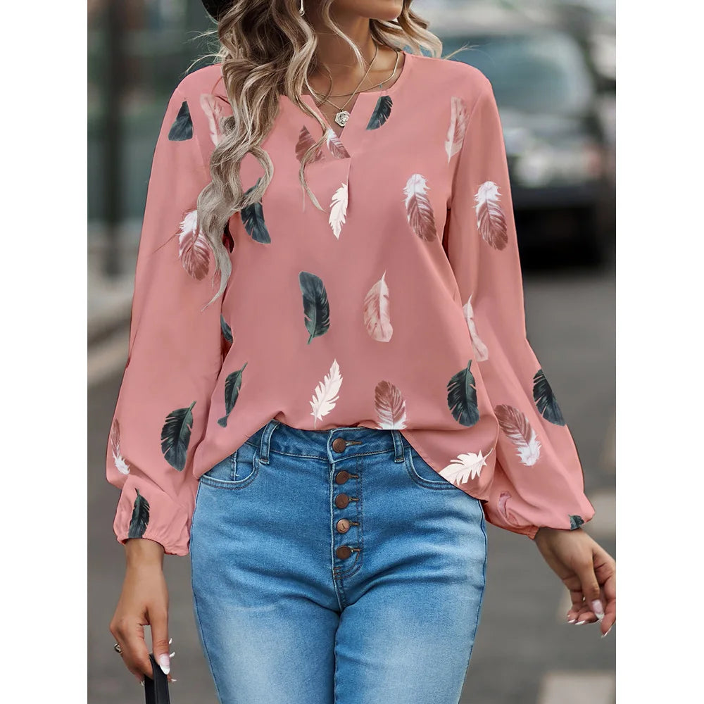 SkyFeather Elegant Top – Lightweight Chiffon Blouse with Feather-Inspired Print - Willen