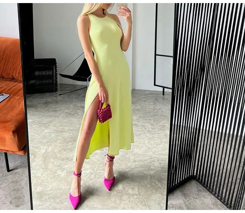 Sleeveless Knit Midi Dress – Empire Waist, Side Slit - Willen