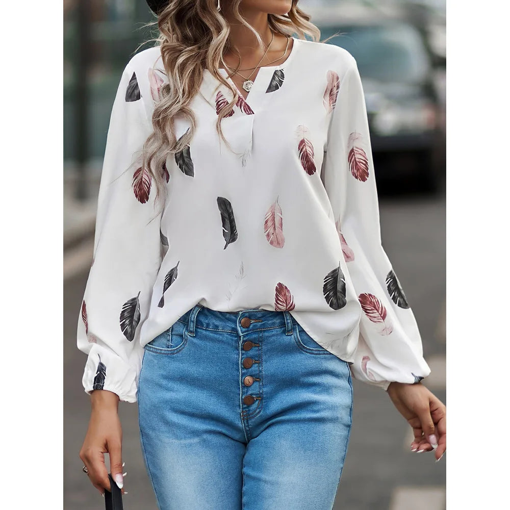 SkyFeather Elegant Top – Lightweight Chiffon Blouse with Feather-Inspired Print - Willen