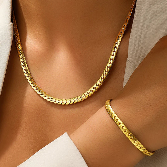 Gold-Tone Cuban Chain Set – Flat Stainless Steel Necklace & Bracelet - Willen
