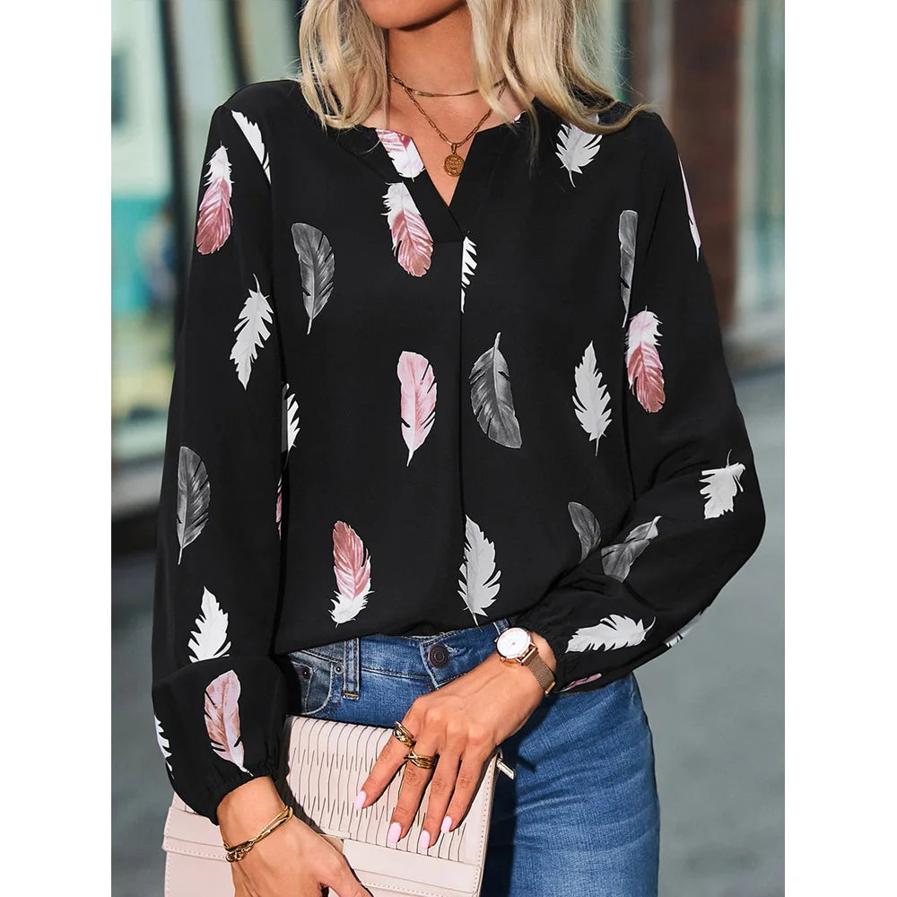 SkyFeather Elegant Top – Lightweight Chiffon Blouse with Feather-Inspired Print - Willen