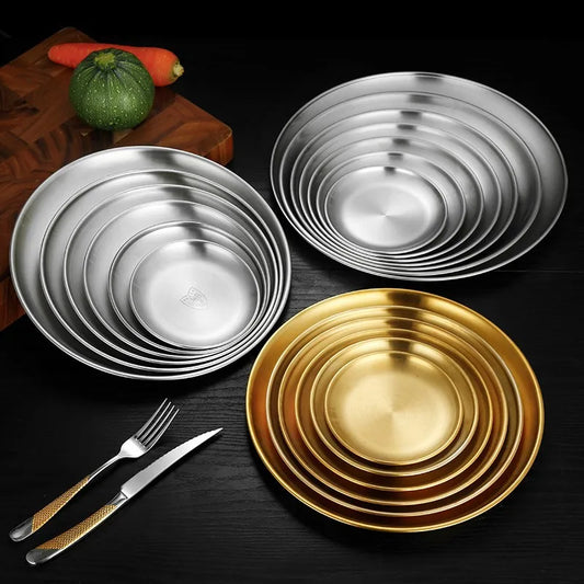 Golden Stainless Steel Serving Dish – Flat Shallow Round Tray - Willen