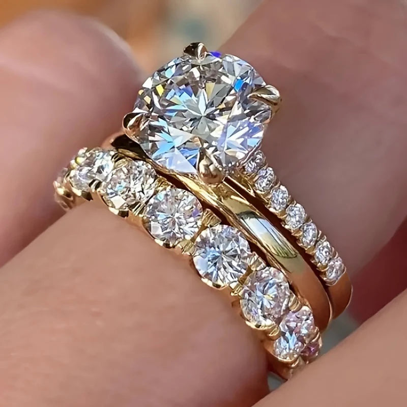 3-Piece Cubic Zirconia Ring Set – Gold-Tone Round Stackable Fashion Rings for Women - Willen