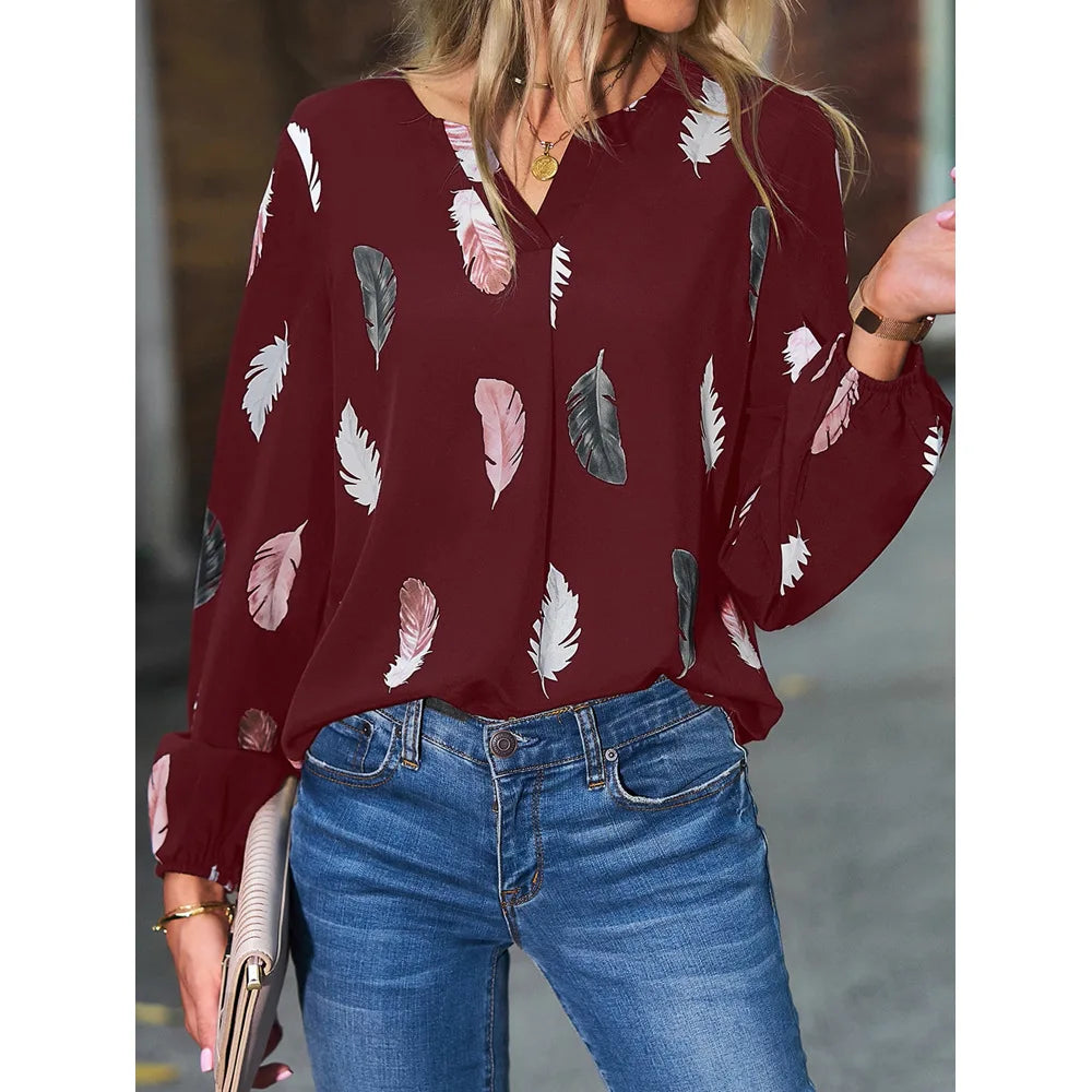 SkyFeather Elegant Top – Lightweight Chiffon Blouse with Feather-Inspired Print - Willen