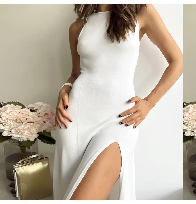 Sleeveless Knit Midi Dress – Empire Waist, Side Slit - Willen