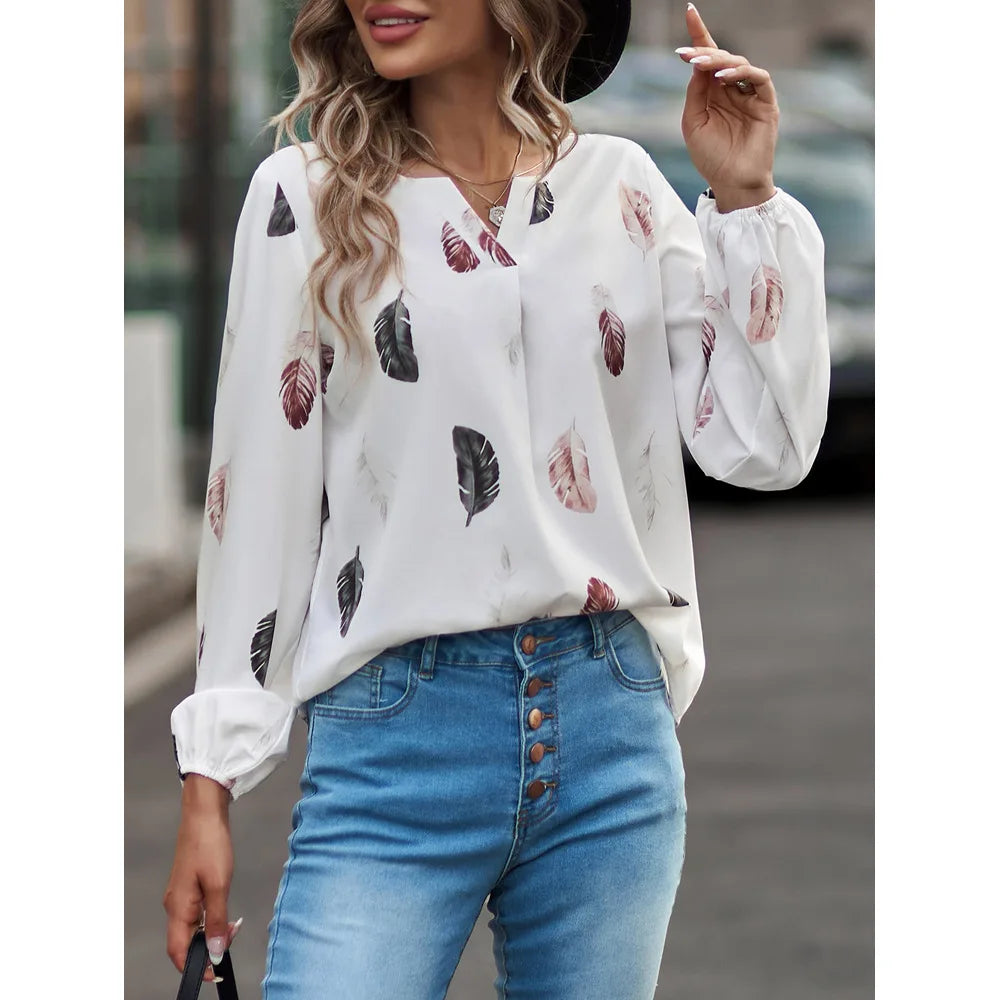 SkyFeather Elegant Top – Lightweight Chiffon Blouse with Feather-Inspired Print - Willen