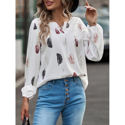 SkyFeather Elegant Top – Lightweight Chiffon Blouse with Feather-Inspired Print - Willen