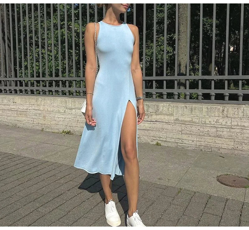 Sleeveless Knit Midi Dress – Empire Waist, Side Slit - Willen