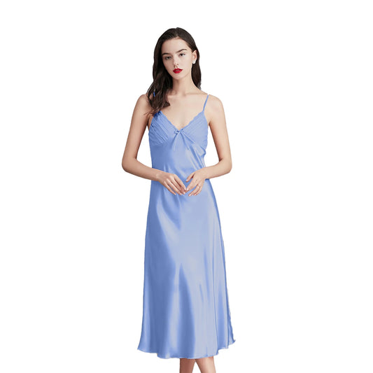 Satin Nightgown – Sleeveless Mid-Length Sleepwear, Lace V-Neck - Willen