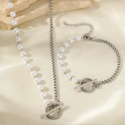 Imitation Pearl & Stainless Steel Jewelry Set – Necklace with OT Clasp & Earrings - Willen