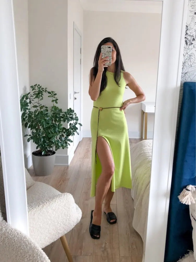 Sleeveless Knit Midi Dress – Empire Waist, Side Slit - Willen