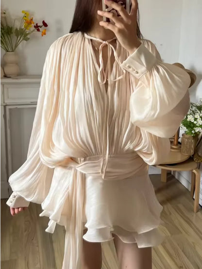 PuffLace Sweetheart Dress – Knee-Length Chiffon Dress with Puff Sleeves and Lace Details - Willen