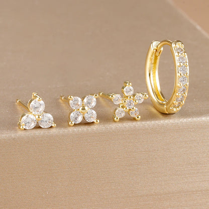 Gold-Plated Stainless Steel Stud Earrings – 4-Piece Set with Cubic Zirconia Accents - Willen