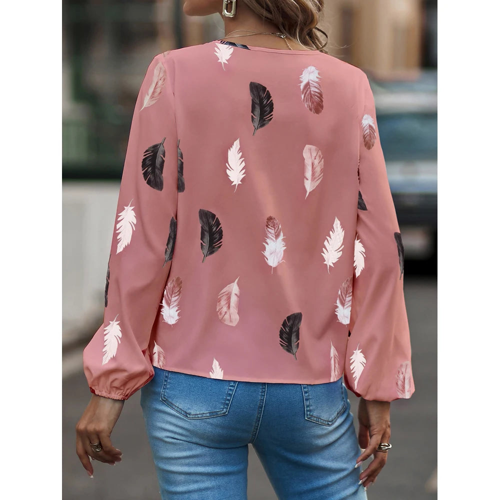 SkyFeather Elegant Top – Lightweight Chiffon Blouse with Feather-Inspired Print - Willen