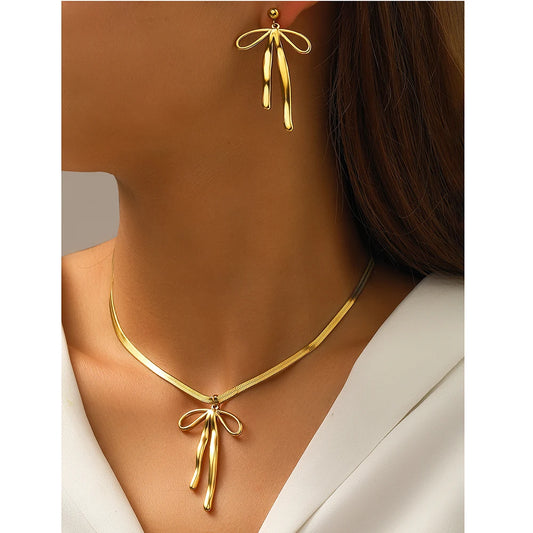 Stainless Steel Bow Pendant Jewelry Set – Snake Chain Necklace with Matching Stud Earrings - Willen