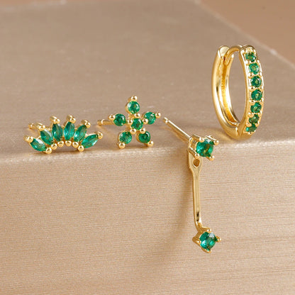 4-Piece Stainless Steel Earring Set – Gold Huggie Hoops & Cubic Zirconia Flower Studs - Willen