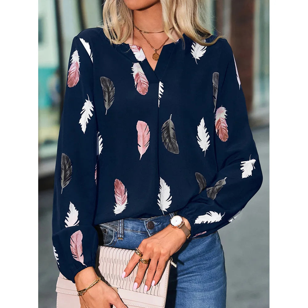 SkyFeather Elegant Top – Lightweight Chiffon Blouse with Feather-Inspired Print - Willen