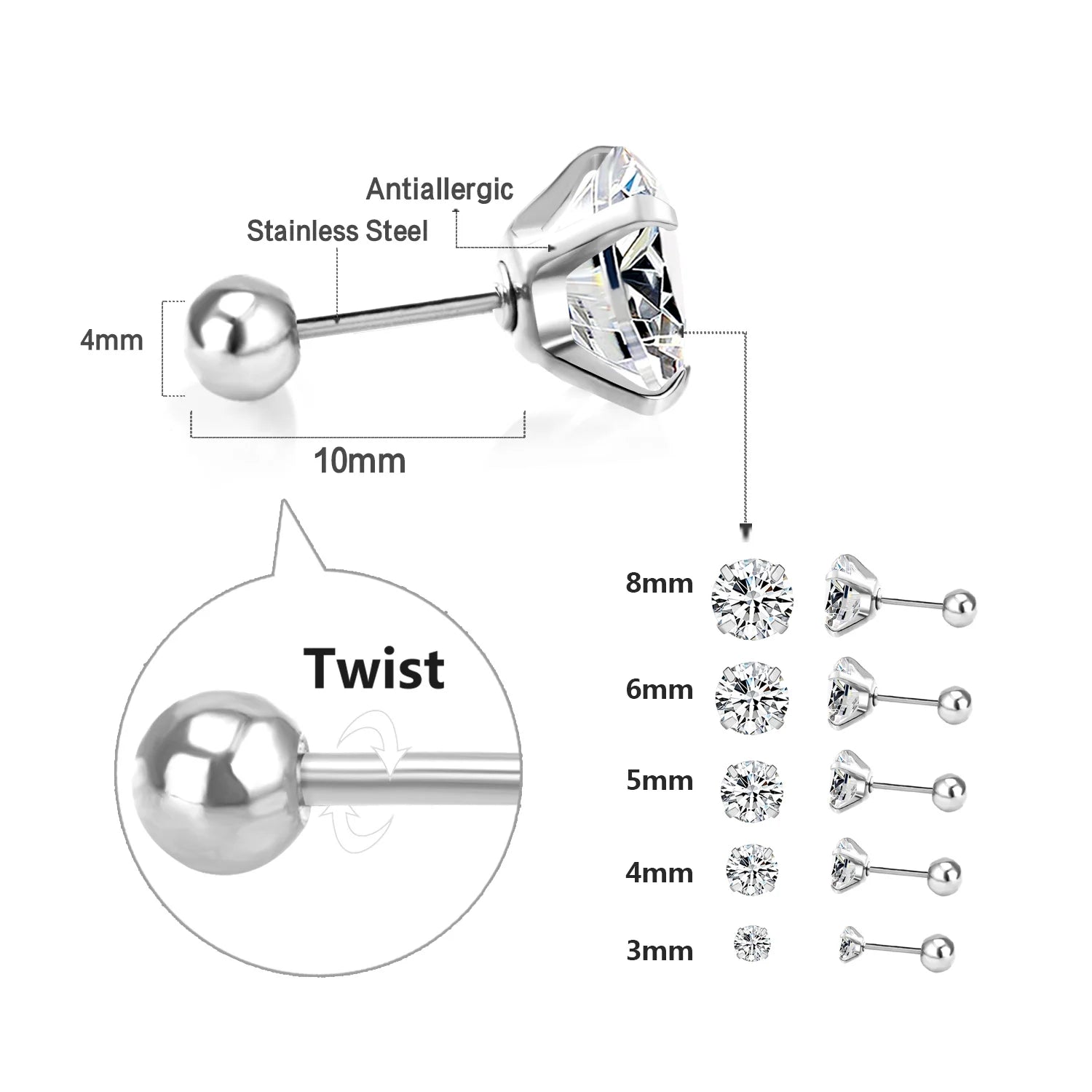 Stainless Steel Stud Earrings – Round Cubic Zirconia with Screw-Back, Unisex Design - Willen