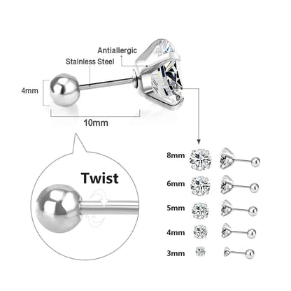Stainless Steel Stud Earrings – Round Cubic Zirconia with Screw-Back, Unisex Design - Willen