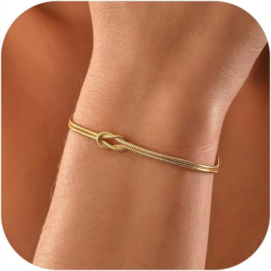 14K Gold Love Knot Bracelet – Dainty Adjustable Infinity Snake Chain for Elegant Everyday Wear