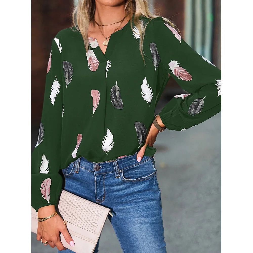 SkyFeather Elegant Top – Lightweight Chiffon Blouse with Feather-Inspired Print - Willen