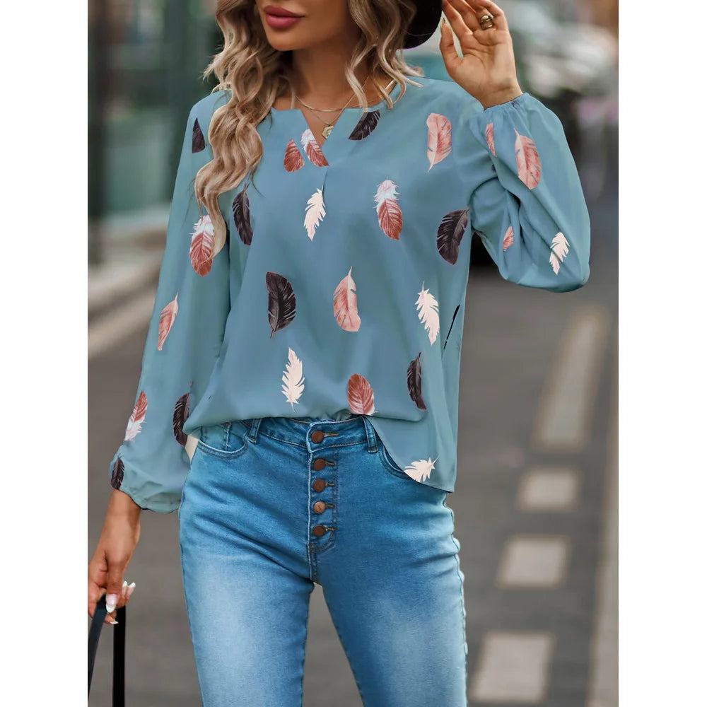 SkyFeather Elegant Top – Lightweight Chiffon Blouse with Feather-Inspired Print - Willen