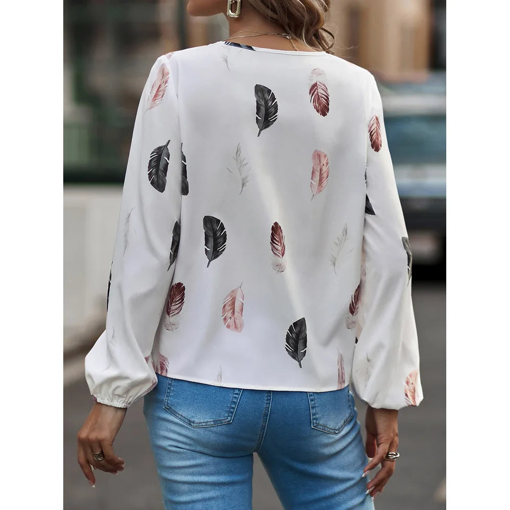 SkyFeather Elegant Top – Lightweight Chiffon Blouse with Feather-Inspired Print - Willen