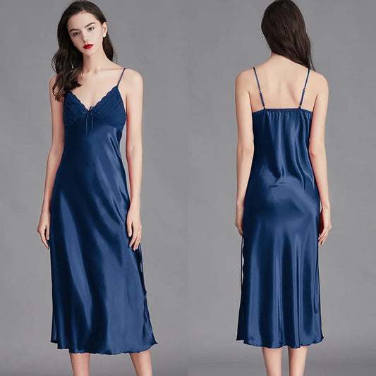 Satin Nightgown – Sleeveless Mid-Length Sleepwear, Lace V-Neck - Willen