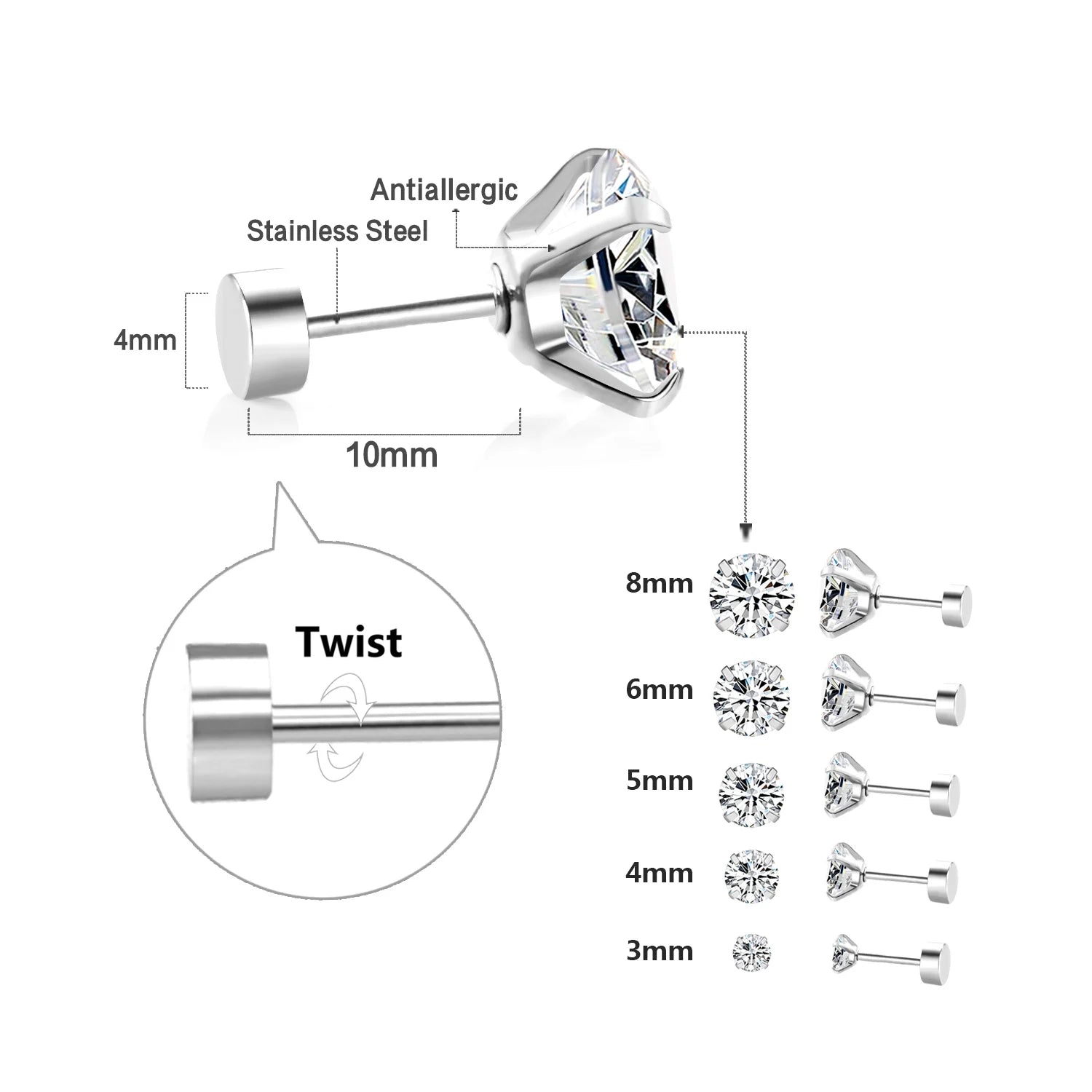 Stainless Steel Stud Earrings – Round Cubic Zirconia with Screw-Back, Unisex Design - Willen