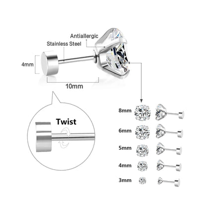 Stainless Steel Stud Earrings – Round Cubic Zirconia with Screw-Back, Unisex Design - Willen