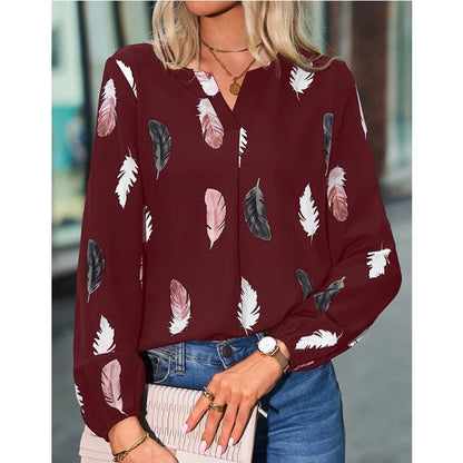 SkyFeather Elegant Top – Lightweight Chiffon Blouse with Feather-Inspired Print - Willen